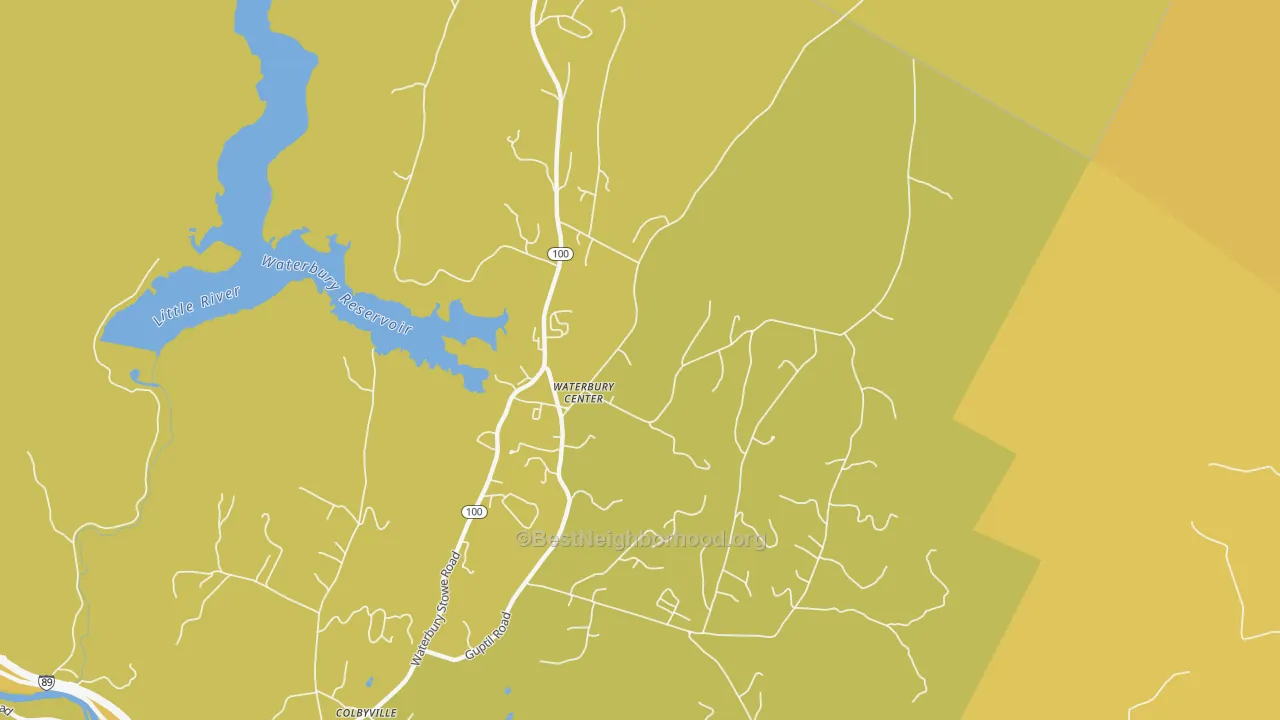 Map of the best neighborhoods in the Waterbury Center area, with better matches in green and worse matches in red