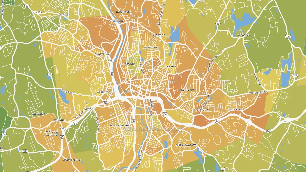 Map of the best neighborhoods in the Waterbury Metro area, with better matches in green and worse matches in red
