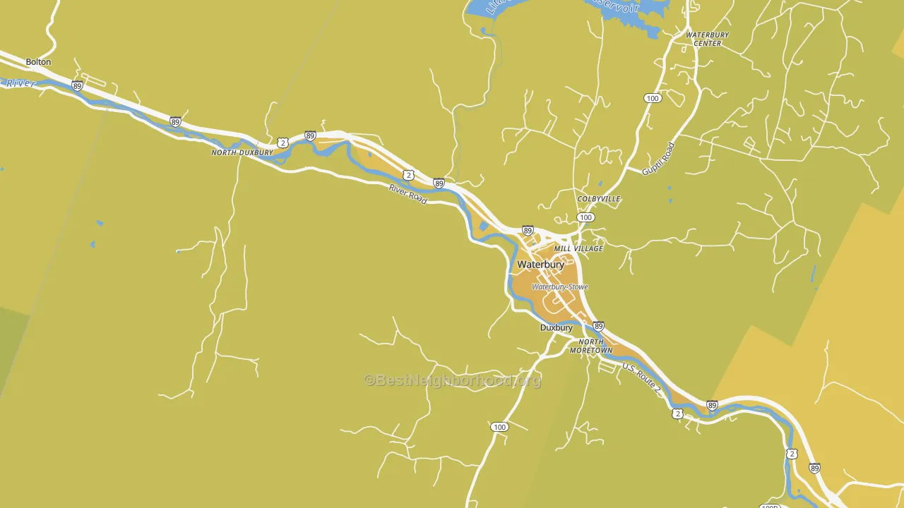 Map of the best neighborhoods in the Waterbury area, with better matches in green and worse matches in red