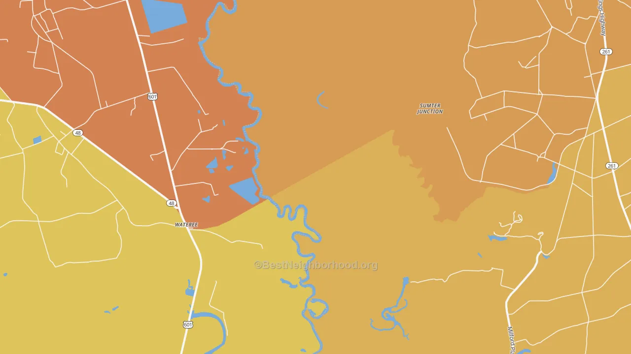 Map of the best neighborhoods in the Wateree area, with better matches in green and worse matches in red