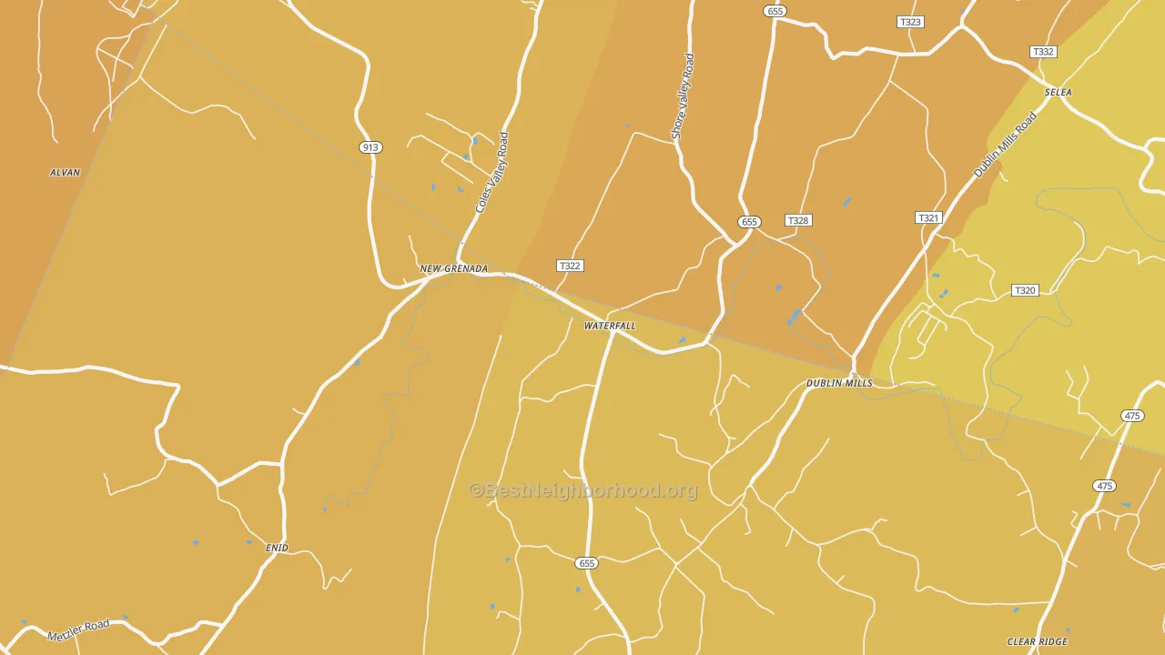 Map of the best neighborhoods in the Waterfall area, with better matches in green and worse matches in red