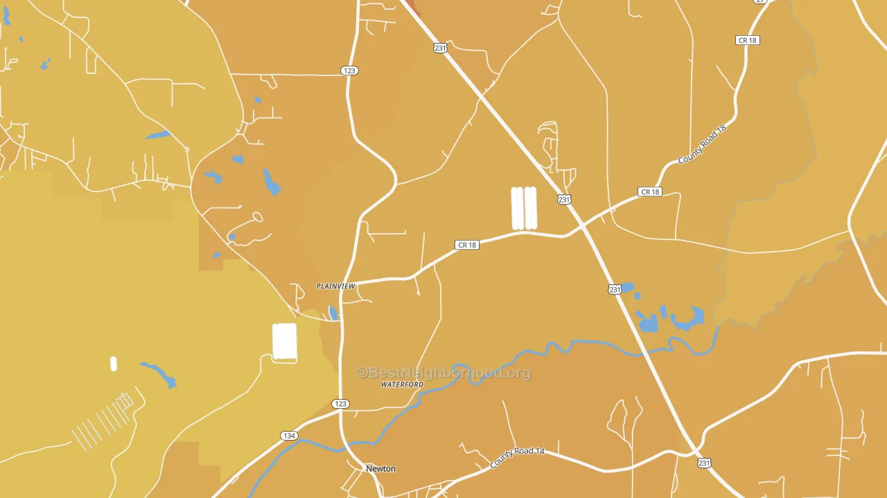 Map of the best neighborhoods in the Waterford area, with better matches in green and worse matches in red