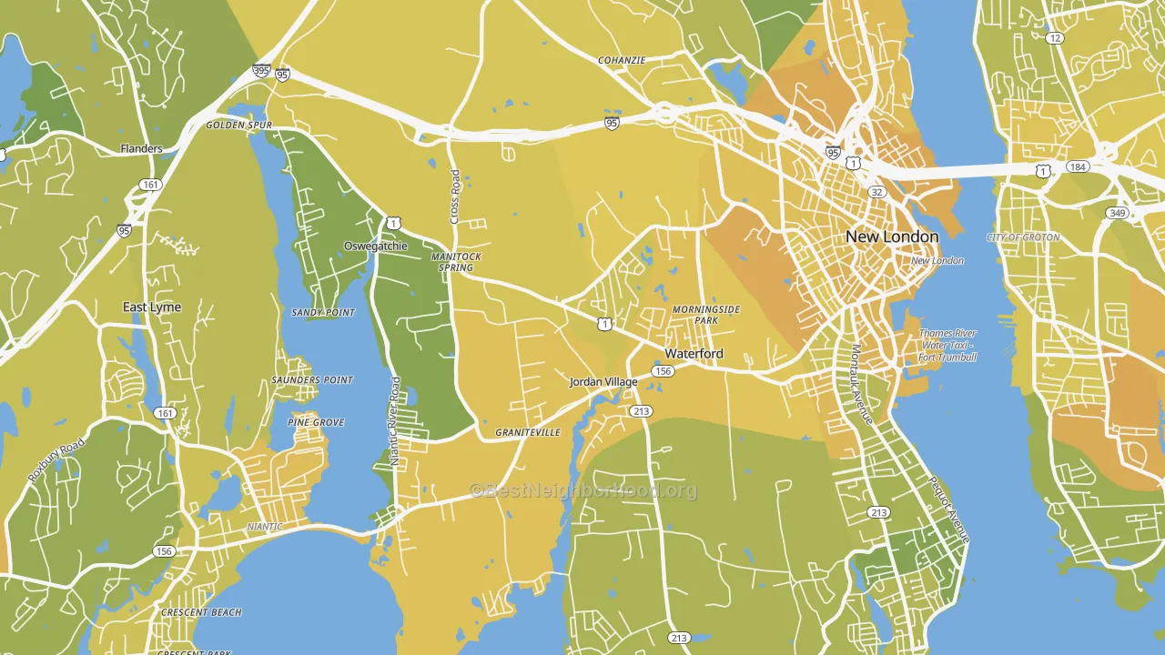 Map of the best neighborhoods in the Waterford area, with better matches in green and worse matches in red
