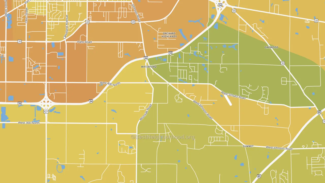 Map of the best neighborhoods in the Waterford area, with better matches in green and worse matches in red