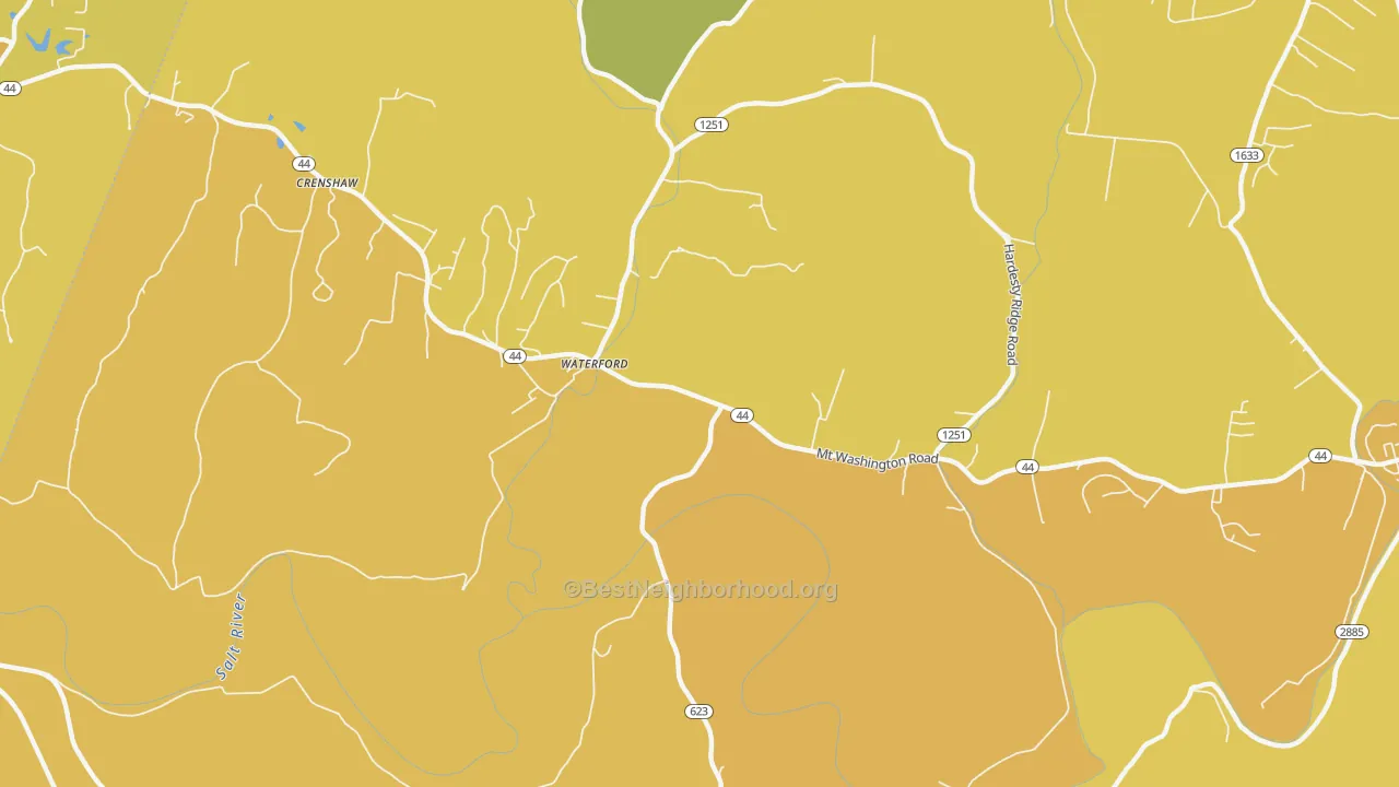Map of the best neighborhoods in the Waterford area, with better matches in green and worse matches in red