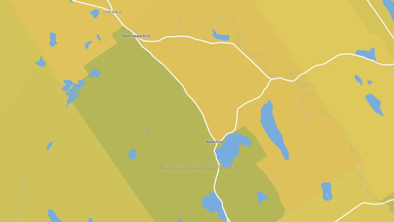Map of the best neighborhoods in the Waterford area, with better matches in green and worse matches in red