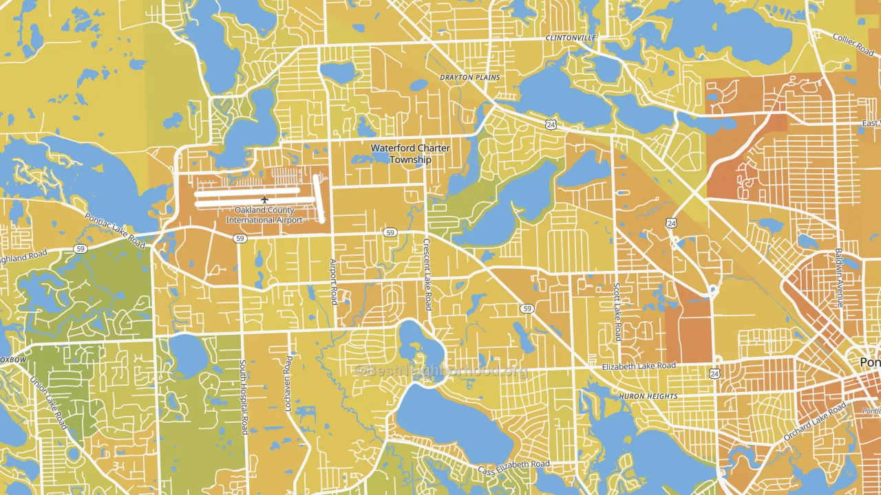 Map of the best neighborhoods in the Waterford area, with better matches in green and worse matches in red