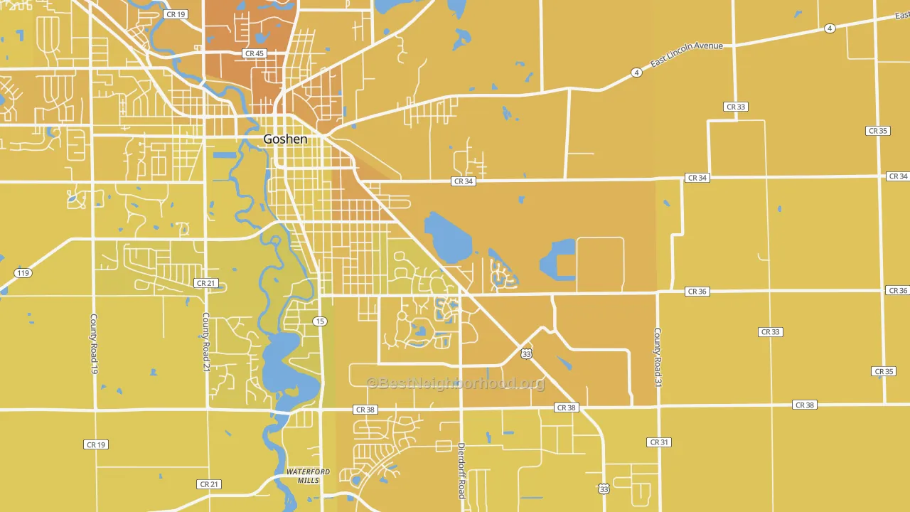 Map of the best neighborhoods in the Waterford Mills area, with better matches in green and worse matches in red