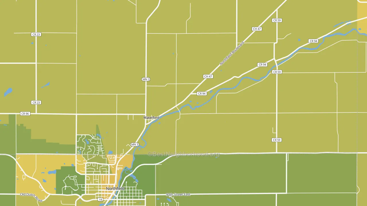 Map of the best neighborhoods in the Waterford area, with better matches in green and worse matches in red