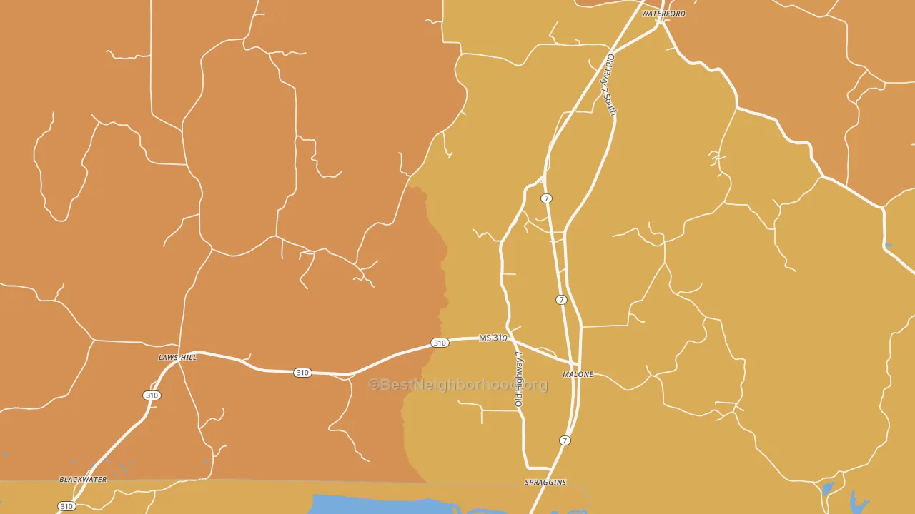 Map of the best neighborhoods in the Waterford area, with better matches in green and worse matches in red