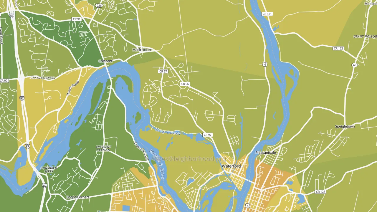 Map of the best neighborhoods in the Waterford area, with better matches in green and worse matches in red