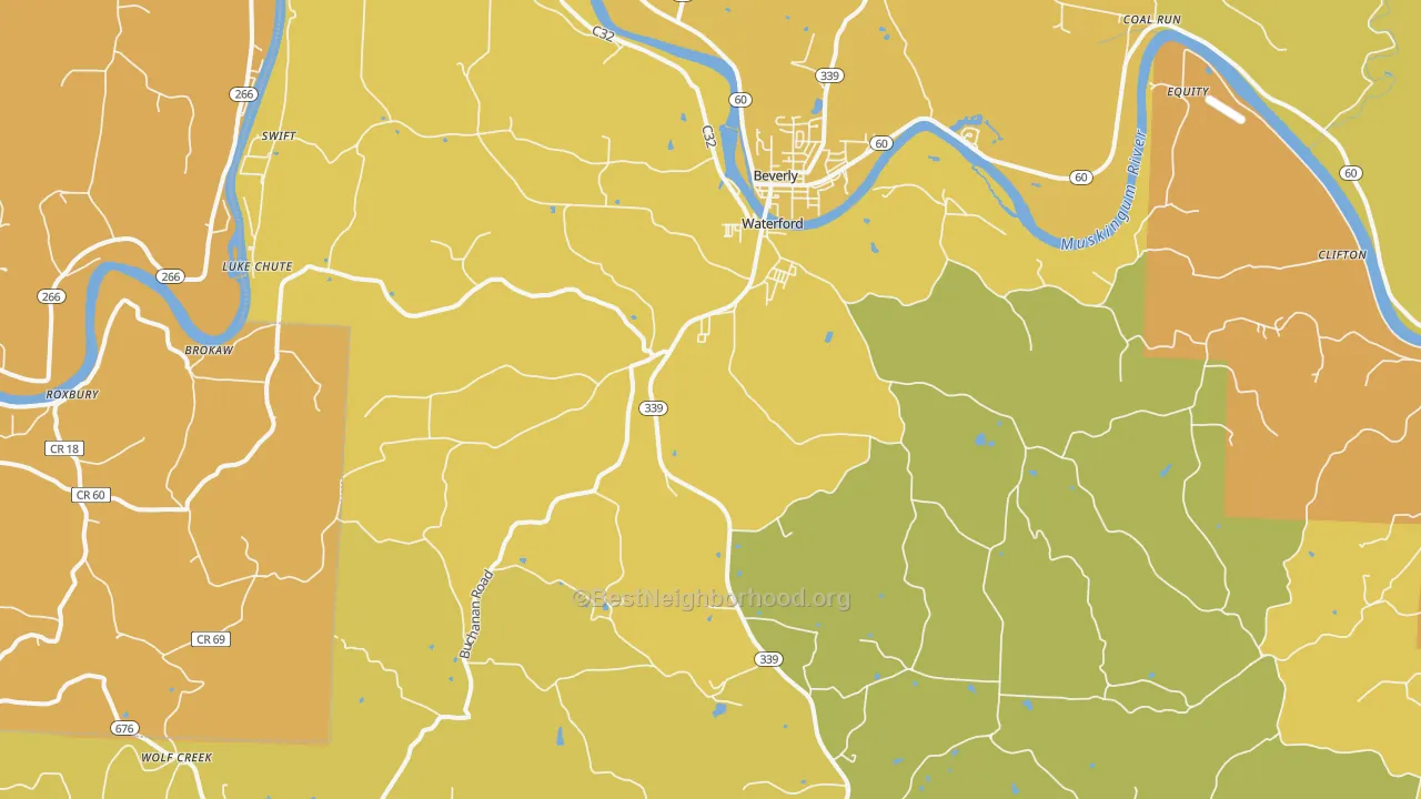 Map of the best neighborhoods in the Waterford area, with better matches in green and worse matches in red