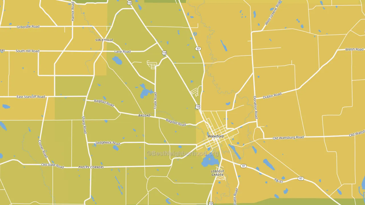 Map of the best neighborhoods in the Waterford area, with better matches in green and worse matches in red