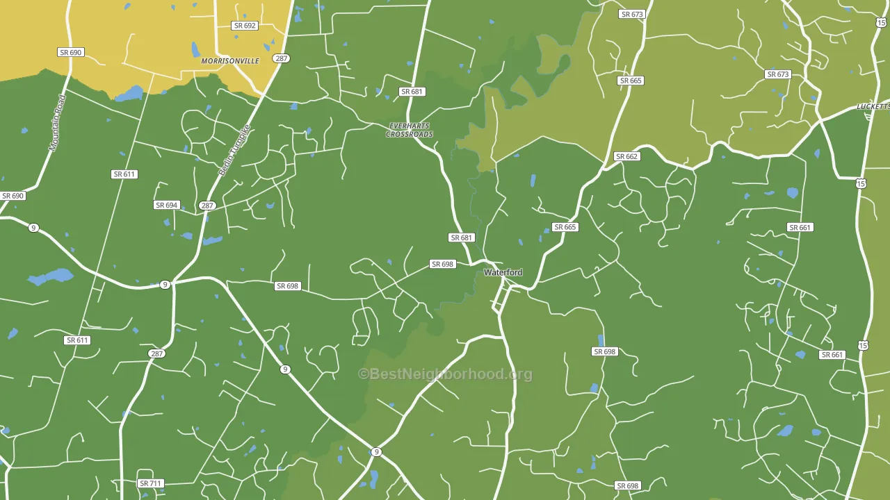 Map of the best neighborhoods in the Waterford area, with better matches in green and worse matches in red