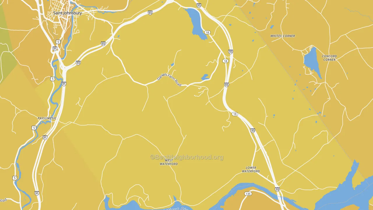 Map of the best neighborhoods in the Waterford area, with better matches in green and worse matches in red