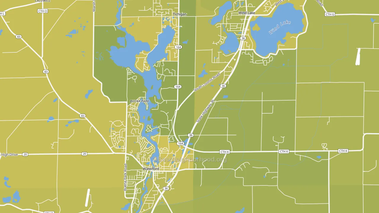 Map of the best neighborhoods in the Waterford area, with better matches in green and worse matches in red