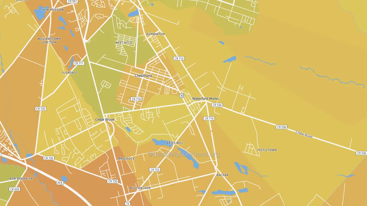 Map of the best neighborhoods in the Waterford Works area, with better matches in green and worse matches in red