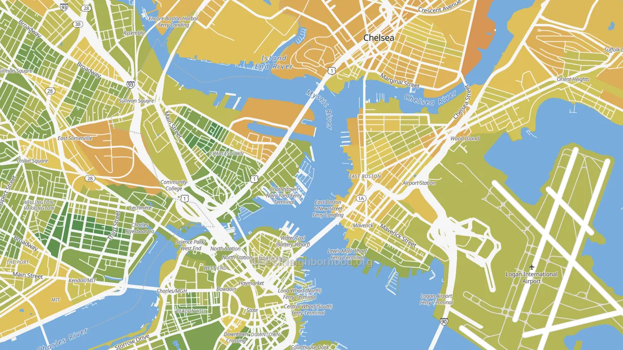 Map of the best neighborhoods in the Waterfront, Boston area, with better matches in green and worse matches in red
