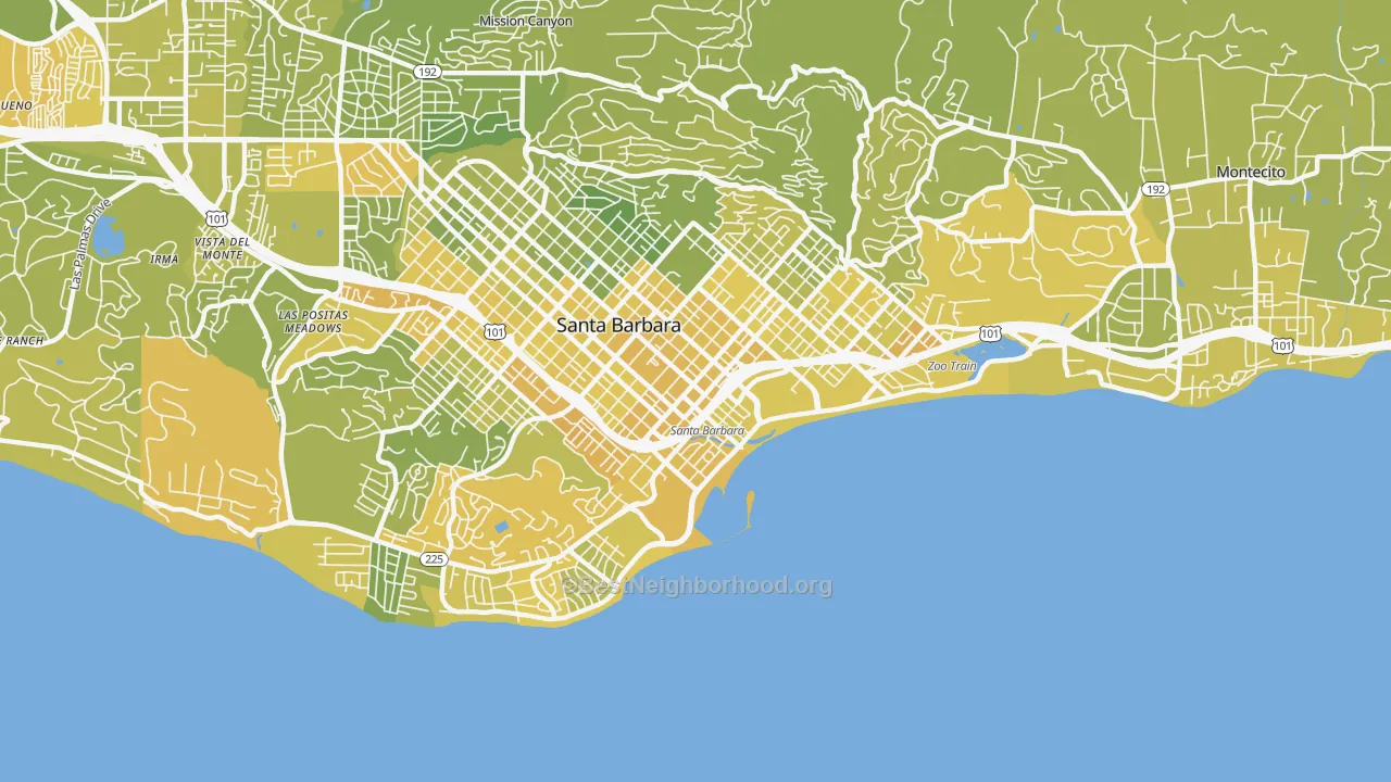 Map of the best neighborhoods in the Waterfront, Santa Barbara area, with better matches in green and worse matches in red