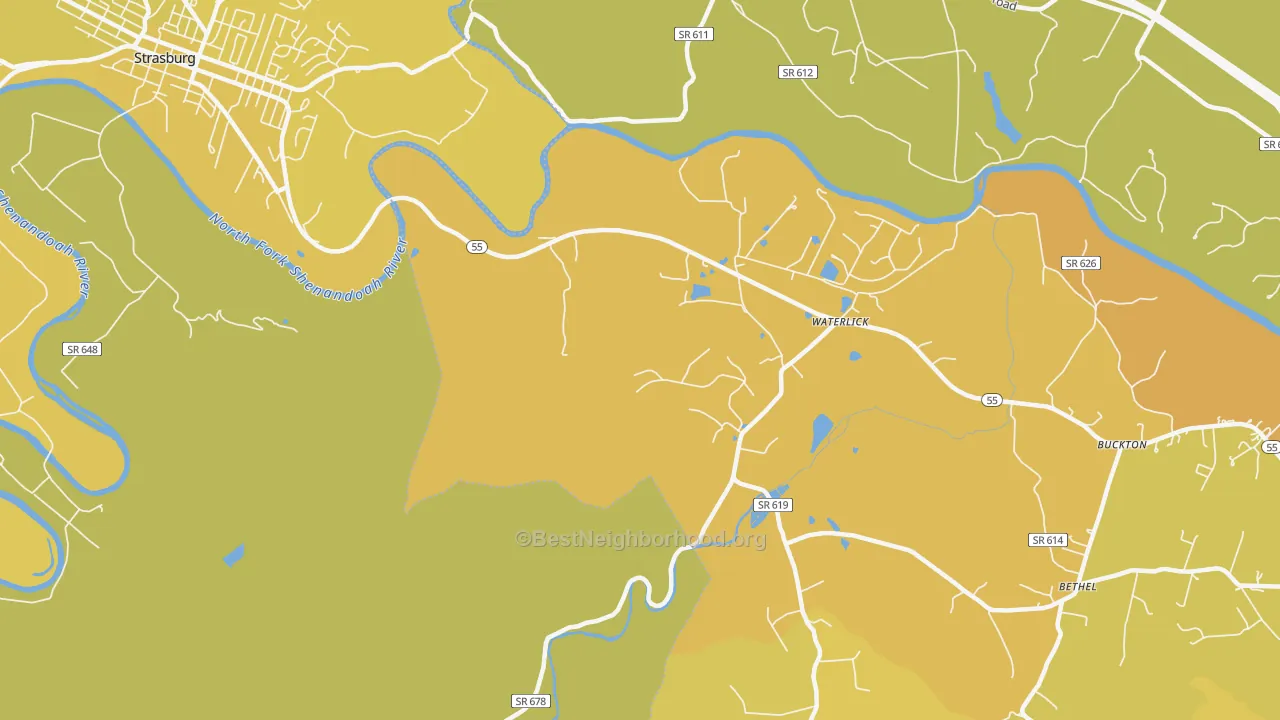 Map of the best neighborhoods in the Waterlick area, with better matches in green and worse matches in red