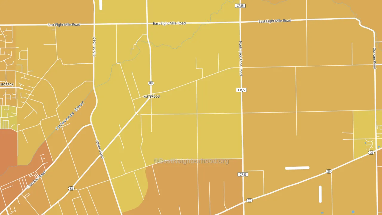 Map of the best neighborhoods in the Waterloo area, with better matches in green and worse matches in red