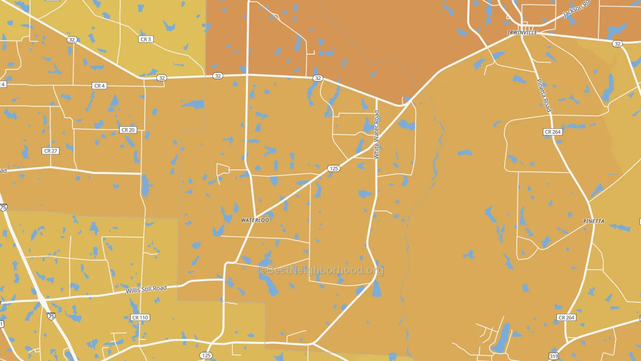 Map of the best neighborhoods in the Waterloo area, with better matches in green and worse matches in red