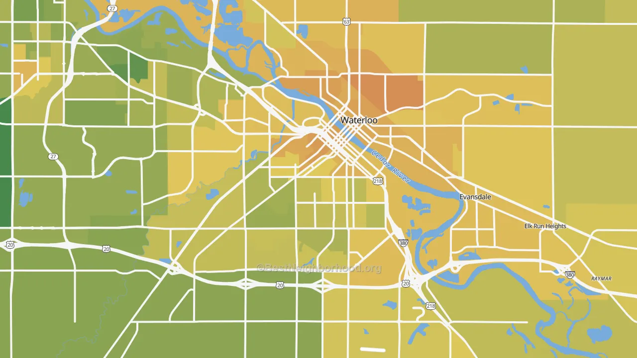 Map of the best neighborhoods in the Waterloo Metro area, with better matches in green and worse matches in red