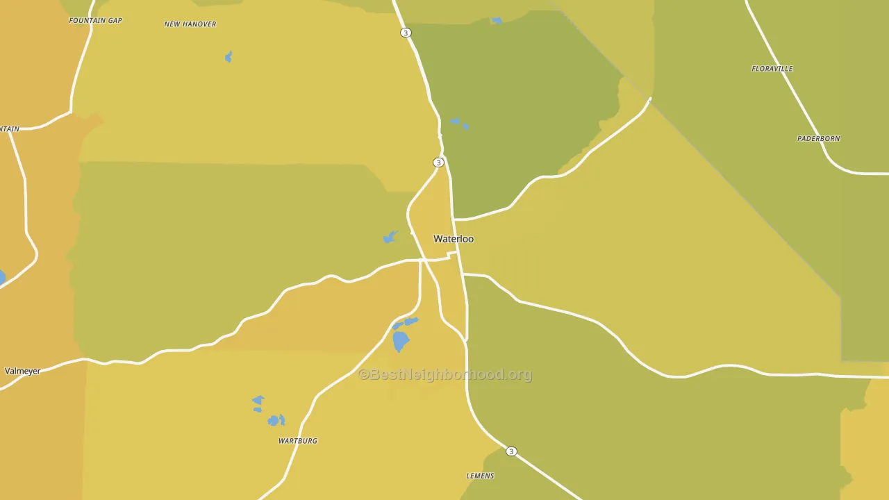 Map of the best neighborhoods in the Waterloo area, with better matches in green and worse matches in red