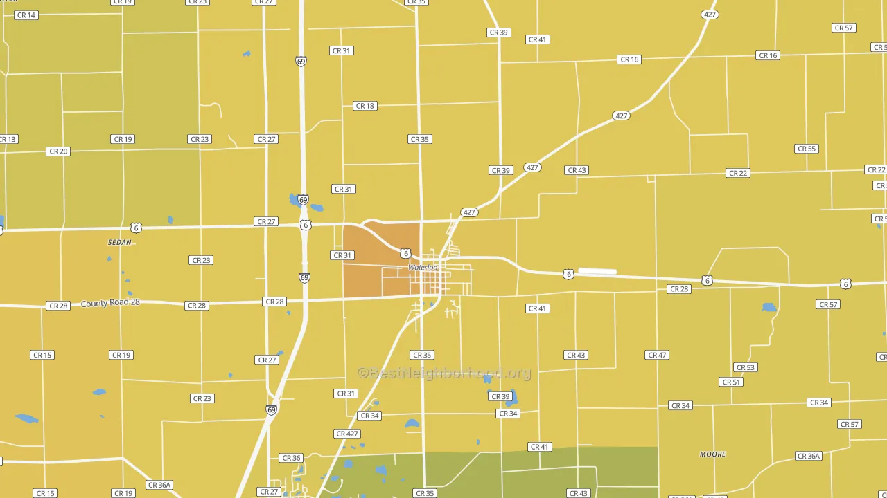 Map of the best neighborhoods in the Waterloo area, with better matches in green and worse matches in red