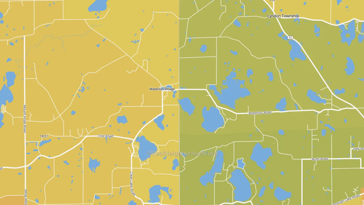 Map of the best neighborhoods in the Waterloo area, with better matches in green and worse matches in red