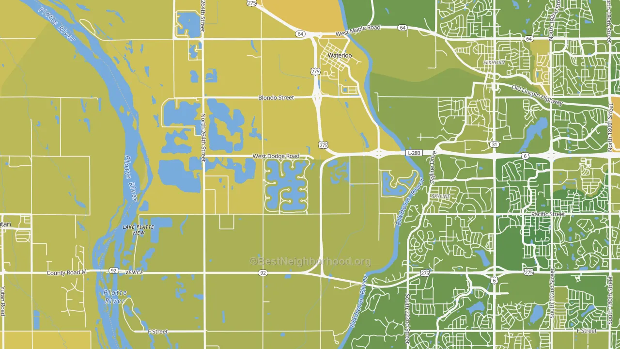 Map of the best neighborhoods in the Waterloo area, with better matches in green and worse matches in red