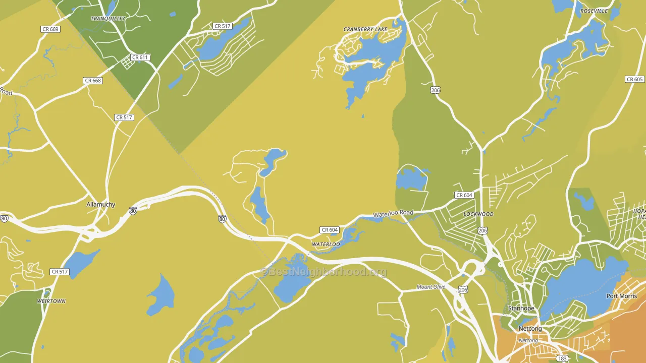 Map of the best neighborhoods in the Waterloo area, with better matches in green and worse matches in red