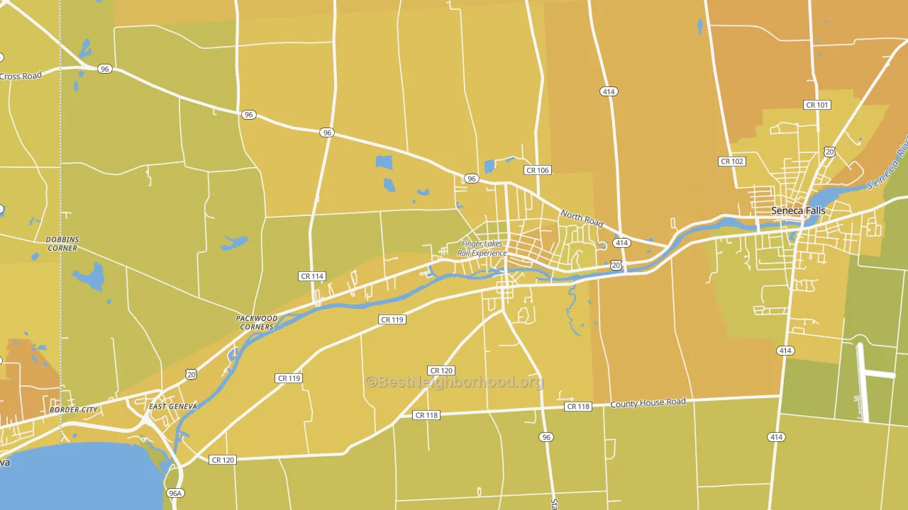 Map of the best neighborhoods in the Waterloo area, with better matches in green and worse matches in red