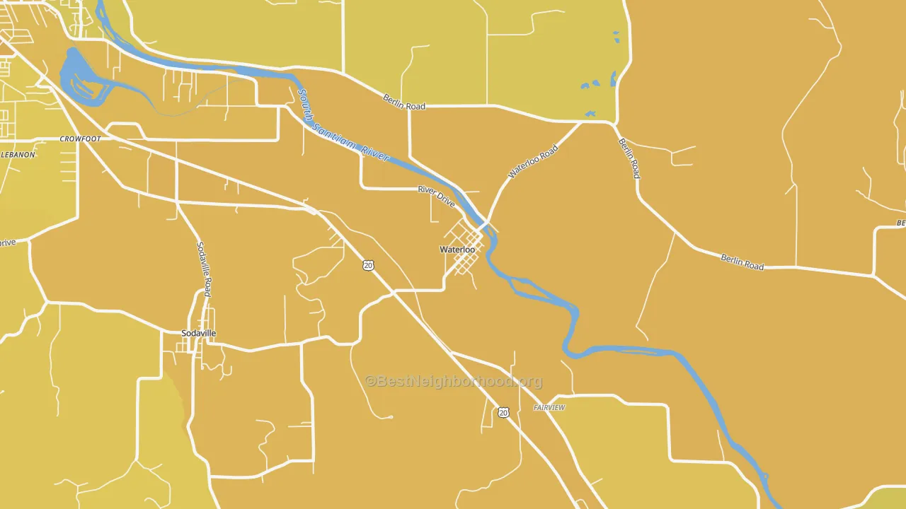 Map of the best neighborhoods in the Waterloo area, with better matches in green and worse matches in red