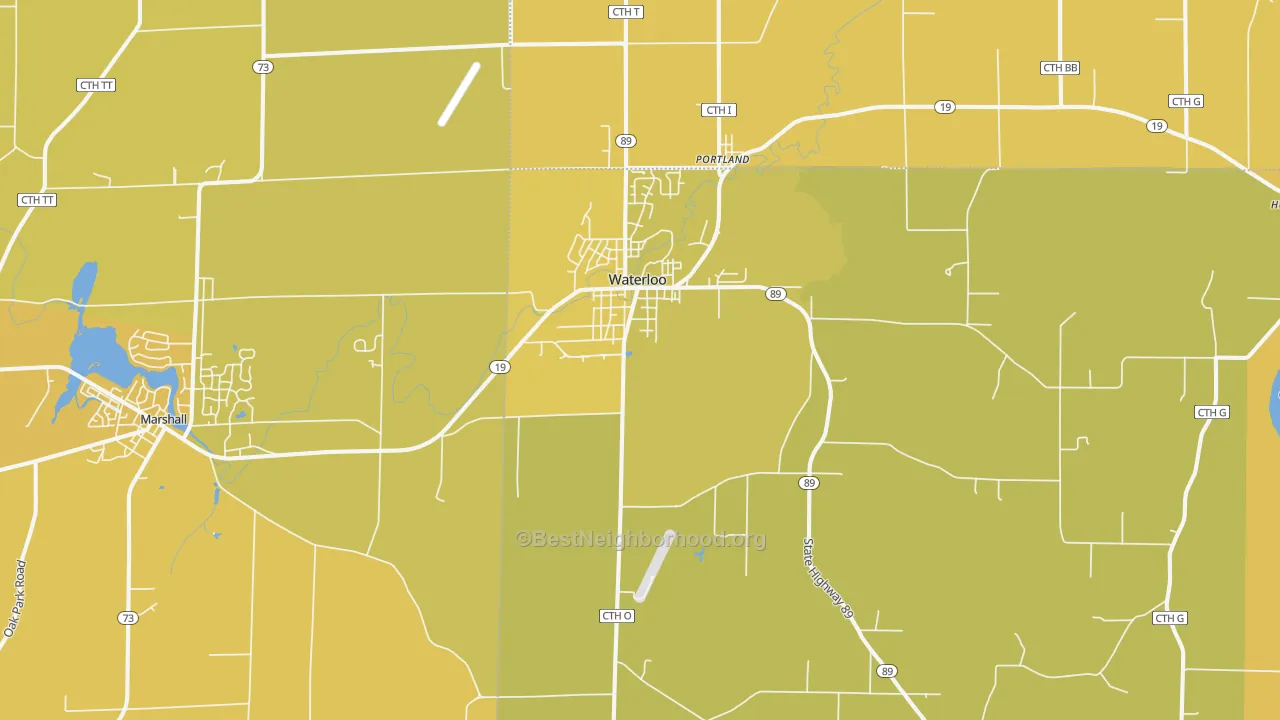 Map of the best neighborhoods in the Waterloo area, with better matches in green and worse matches in red