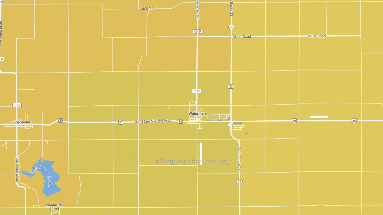 Map of the best neighborhoods in the Waterman area, with better matches in green and worse matches in red