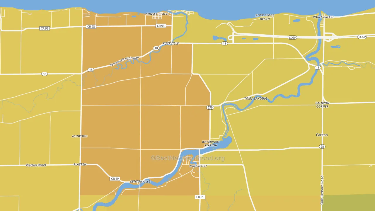 Map of the best neighborhoods in the Waterport area, with better matches in green and worse matches in red