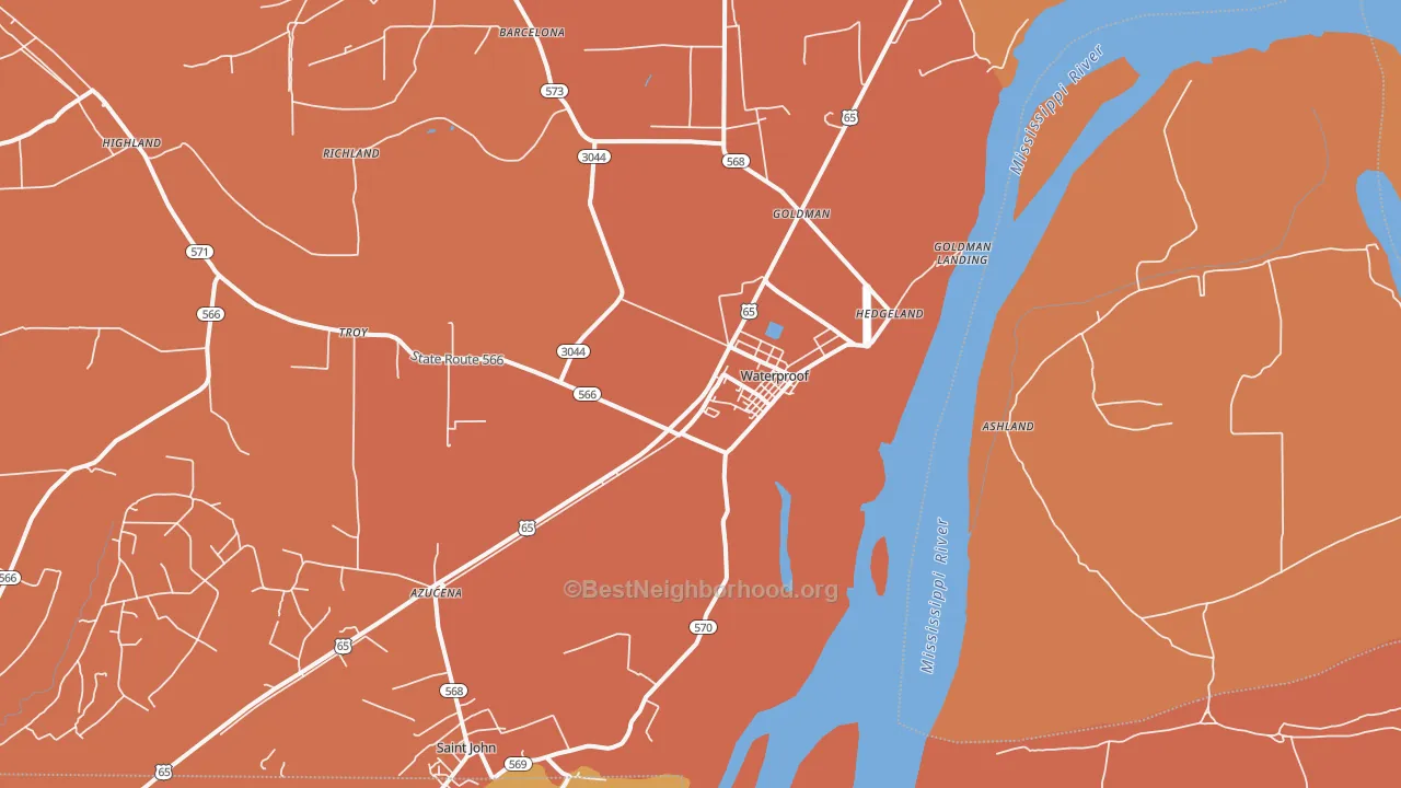 Map of the best neighborhoods in the Waterproof area, with better matches in green and worse matches in red