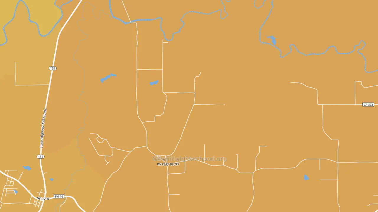 Map of the best neighborhoods in the Waters Bluff area, with better matches in green and worse matches in red