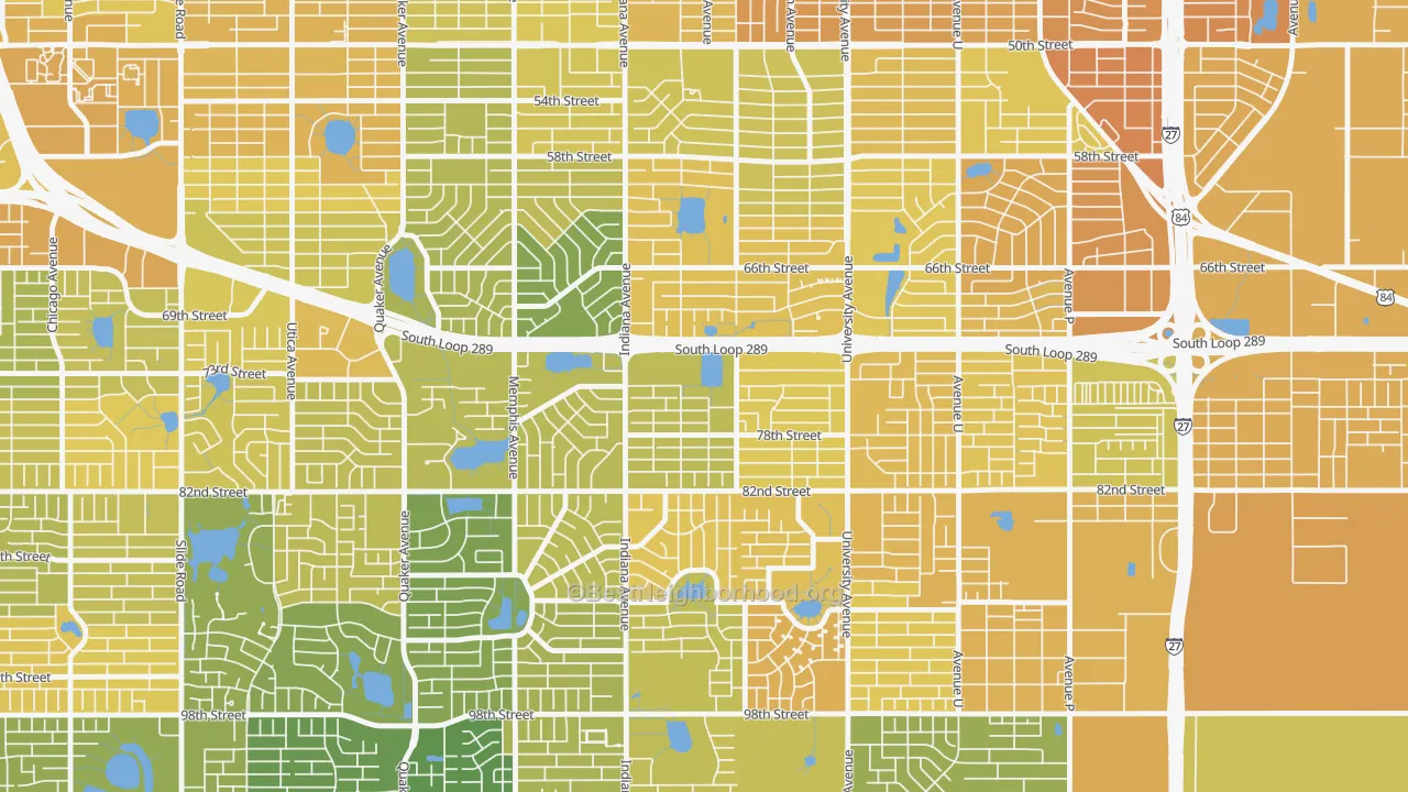 Map of the best neighborhoods in the Waters, Lubbock area, with better matches in green and worse matches in red