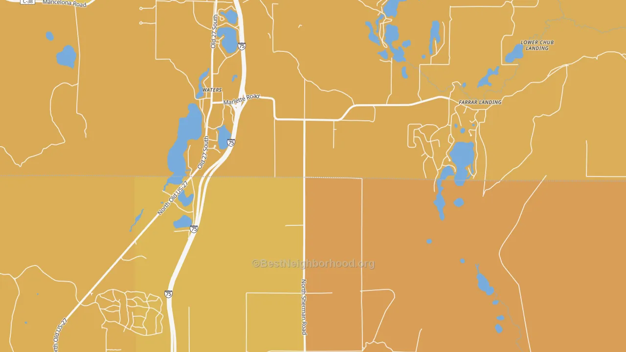 Map of the best neighborhoods in the Waters area, with better matches in green and worse matches in red