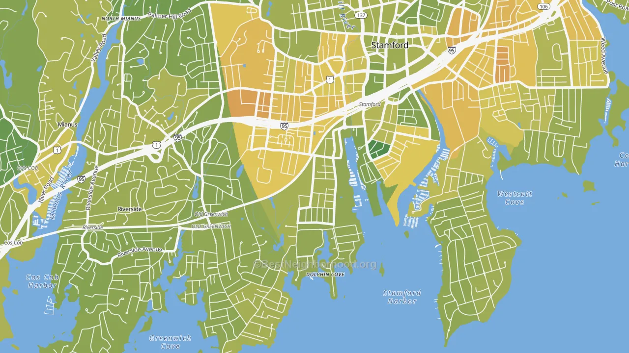 Map of the best neighborhoods in the Waterside, Stamford area, with better matches in green and worse matches in red