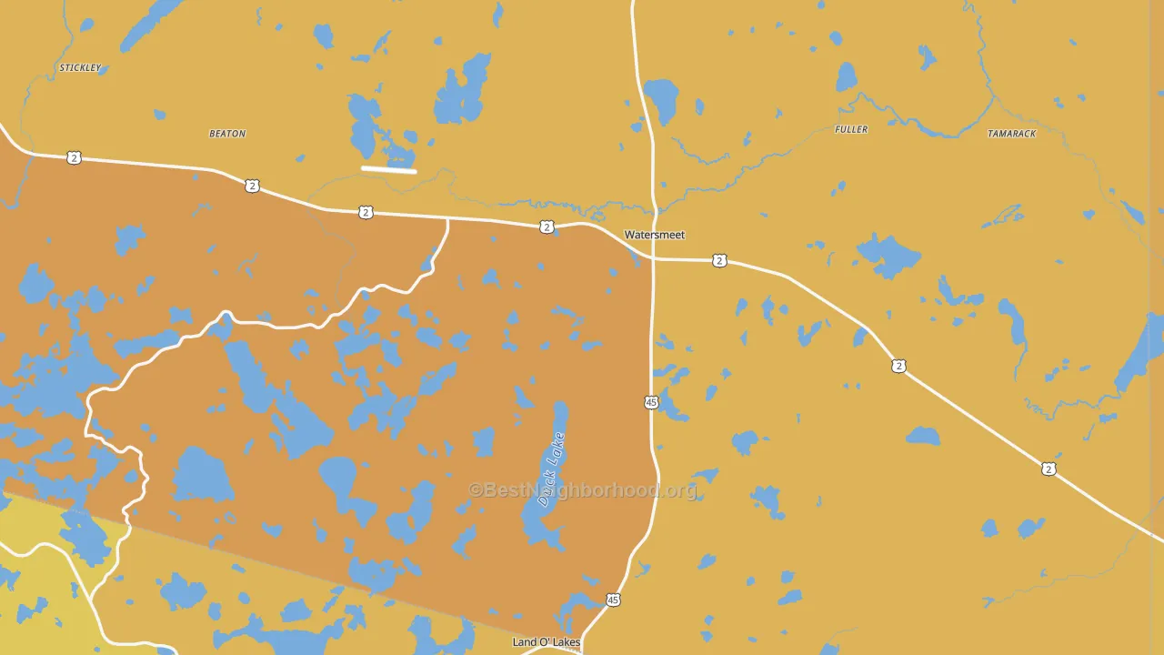 Map of the best neighborhoods in the Watersmeet area, with better matches in green and worse matches in red