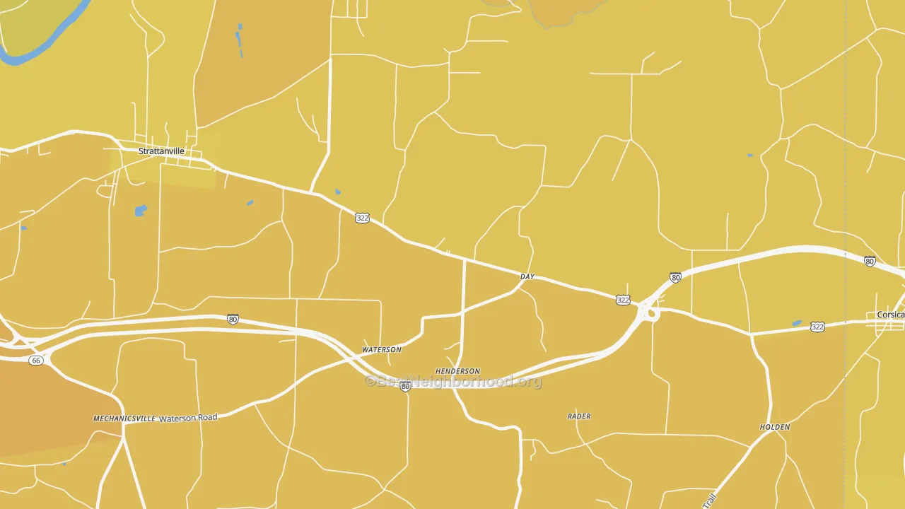 Map of the best neighborhoods in the Waterson area, with better matches in green and worse matches in red
