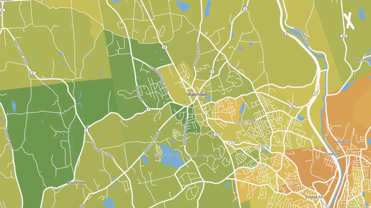Map of the best neighborhoods in the Watertown area, with better matches in green and worse matches in red