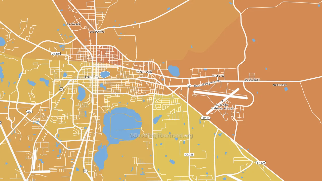 Map of the best neighborhoods in the Watertown area, with better matches in green and worse matches in red