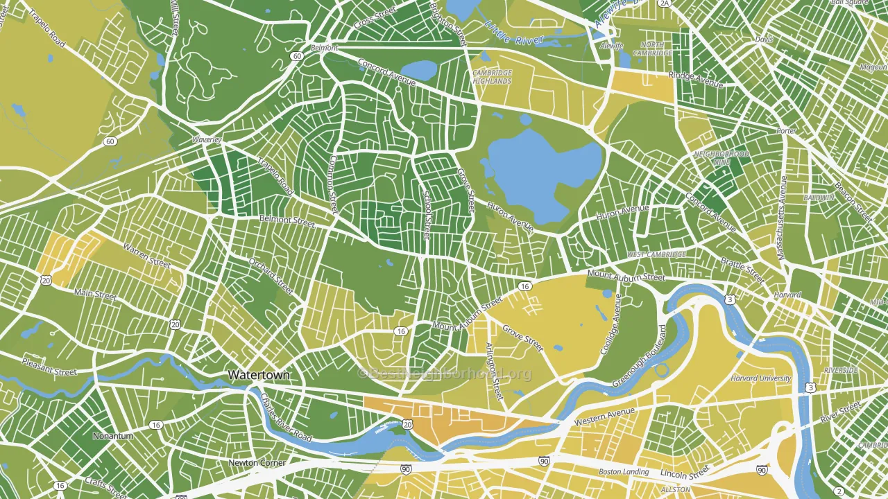 Map of the best neighborhoods in the Watertown area, with better matches in green and worse matches in red