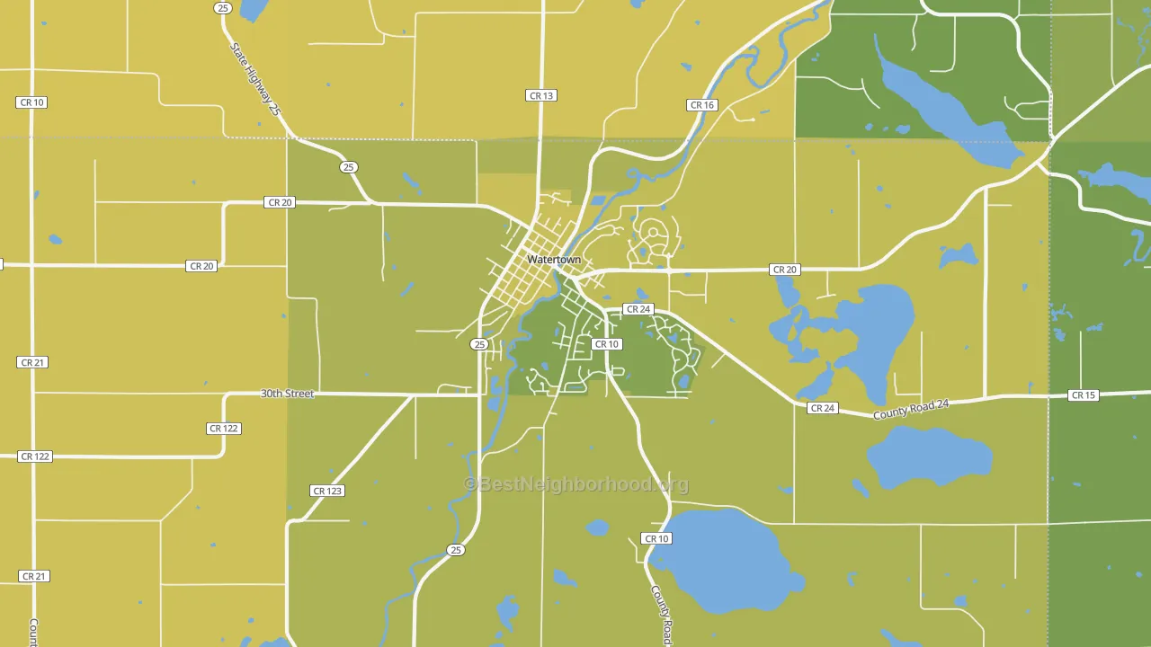 Map of the best neighborhoods in the Watertown area, with better matches in green and worse matches in red