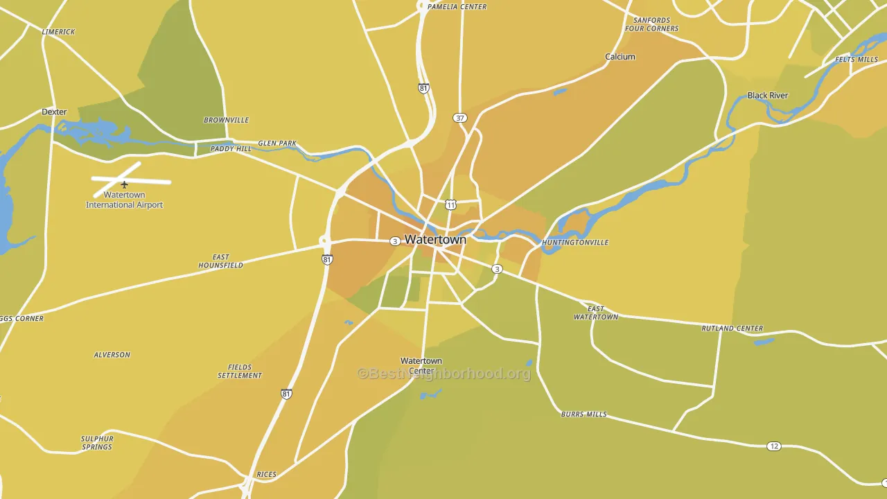 Map of the best neighborhoods in the Watertown Metro area, with better matches in green and worse matches in red