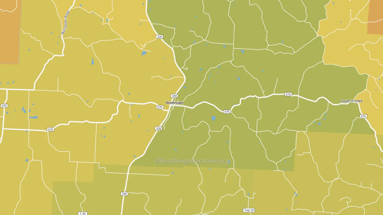 Map of the best neighborhoods in the Watertown area, with better matches in green and worse matches in red